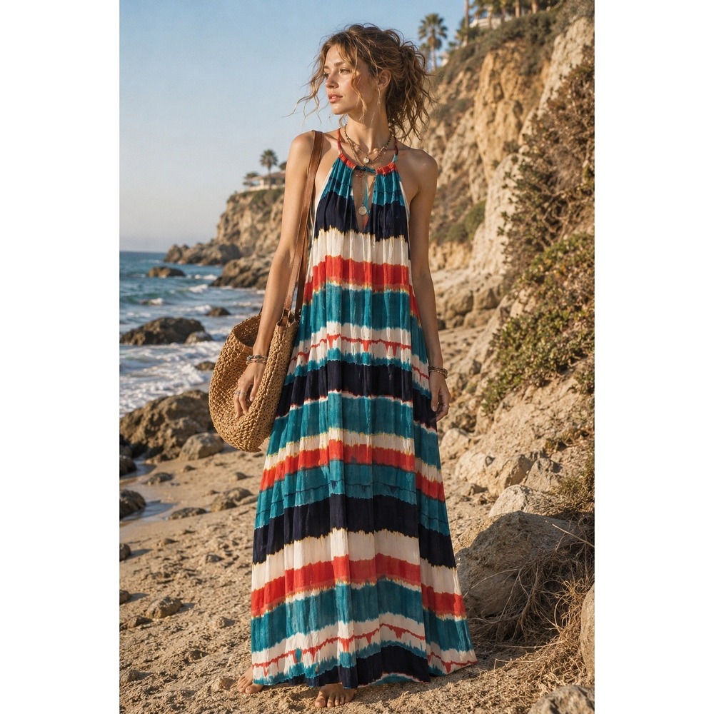Beachy Summer Vacation Flowy Tie Dye‎ Halter Turquoise Orange Blue M Maxi Dress